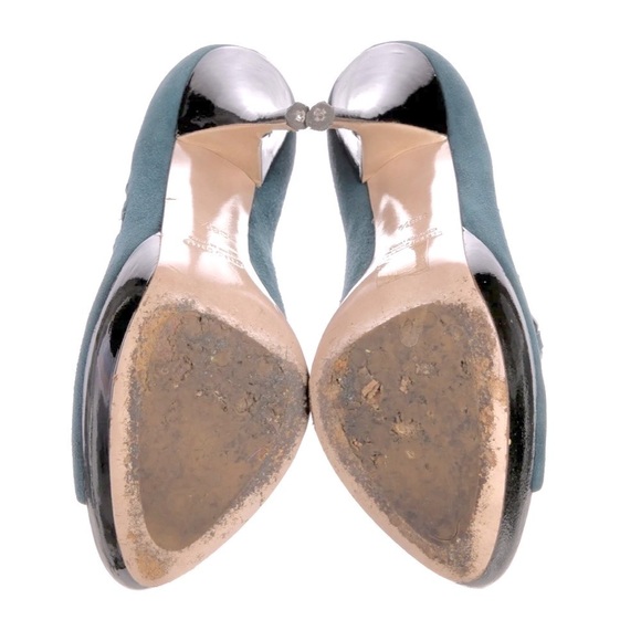 MIU MIU Y2K Coquette Teal suede leather bow stiletto heels womens 8.5 Victorian - Picture 10 of 11